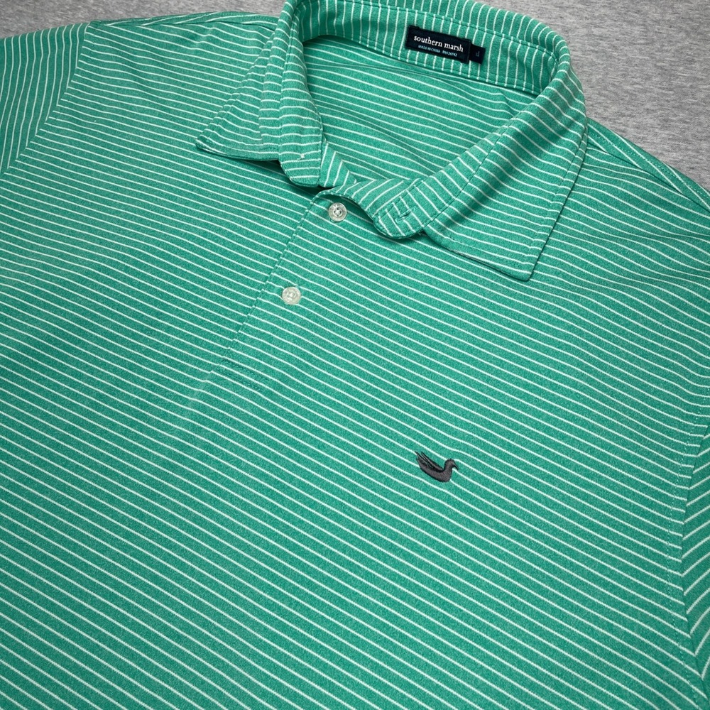 Southern Marsh Mens XL Performance Polo Shirt Green White Stripe Golf Duck Logo